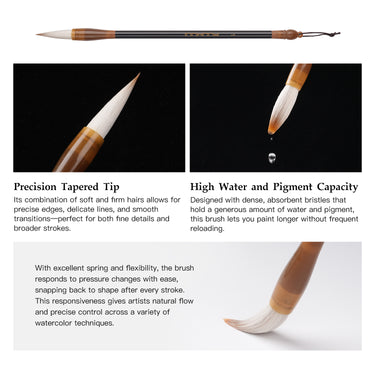 Fuumuui professioneller Kalligraphiepinsel demonstriert seine präzise, konisch zulaufende Spitze, die hohe Wasser- und Pigmentkapazität und die flexiblen Borsten für Aquarell- und Tuschemalerei.