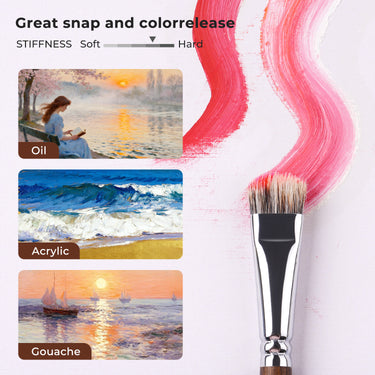 Pennello filbert Fuumuui con setole di tasso per pittura a olio e acrilico, che dimostra eccellente scatto, rilascio uniforme del colore e rigidit¨¤ ottimale per diverse tecniche di pittura, inclusa la tempera.