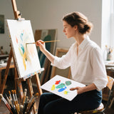 Fuumuui Einweg-Farbpaletten-Papierblock, 22,9 x 30,5 cm, für Acryl- und Ölfarben, gehalten von einem Künstler, der auf Leinwand malt.