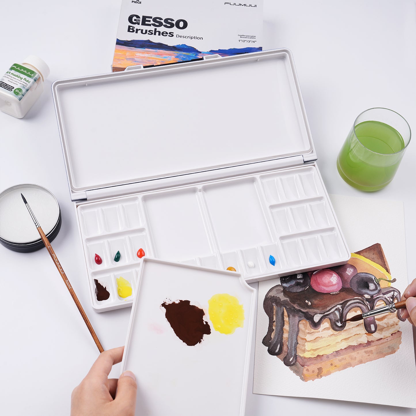 Fuumuui Watercolor Palette Folding with Lid 24wells 2 Mixing Areas and 1 Large Mixing Tray Also for Gouache Acrylic Paint Palette