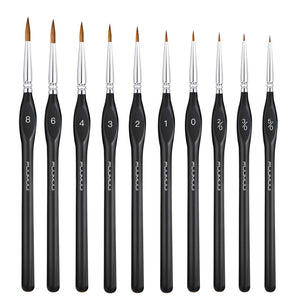 A full set of 10 Fuumuui professional miniature painting brushes, neatly arranged and labeled with sizes 8 through 5/0.