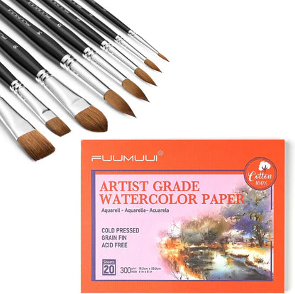 Fuumuui 8Pcs Sable Brush Set With 20 Sheets 5.8" X 8.3 Watercolor Paper Pad