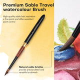 Fuumuui Art Supplies premium sable travel watercolor brush with natural sable bristles, ideal for precise detail and control, shown painting a vibrant blueberry watercolor from the Travel Watercolor Set.