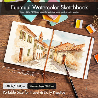 Open Fuumuui 8.25 inch square cotton watercolor sketchbook displaying a detailed European street painting.