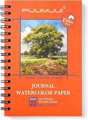 Fuumuui 100% Cotton Watercolor Travel Journal - 22 Sheets 5.5x8.5-inch Cold Pressed Watercolor Paper - 140LB/300GSM Watercolor Journal for Watercolor Gouache Ink