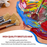 Fuumuui 6pcs Professional Bristles Oil Brushes set, featuring high-quality fan brushes with natural animal hair mixing vibrant paints on an artist's wooden palette.