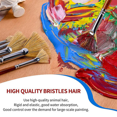Fuumuui 6pcs Professional Bristles Oil Brushes set, featuring high-quality fan brushes with natural animal hair mixing vibrant paints on an artist's wooden palette.