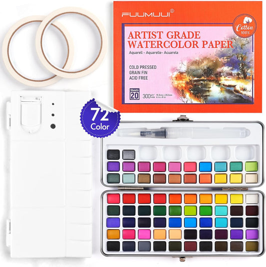 Fuumuui Watercolor Paint Set with 72 Bright Colors, 100% Cotton 5.8" x 8.3" Cold Pressed Watercolor Paper Watercolor Palette Masking Tapes Pocket Set For Beginners and Professional