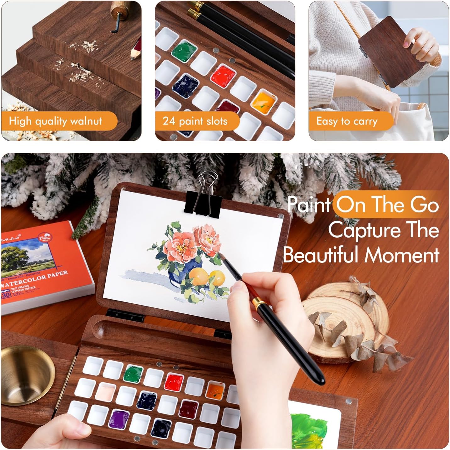 Fuumuui Travel Watercolor Palette 24 Grids Foldable ， Portable Walnut Wood Palette Box para sa Plein Air Painting