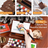 Fuumuui Travel Watercolor Palette 24 Grids Foldable ， Portable Walnut Wood Palette Box for Plein Air Painting