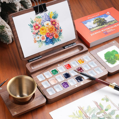 Fuumuui Travel Watercolor Palette 24 Grids Foldable ， Portable Walnut Wood Palette Box para sa Plein Air Painting