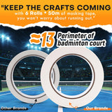 Fuumuui Confronto tra 6 rotoli di nastro adesivo bianco (24 mm x 50 m per rotolo), che mostra una lunghezza generosa per l'artigianato equivalente a 13 perimetri di campi da badminton, assicurandoti di non preoccuparti di rimanere senza.