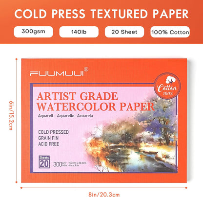 Fuumuui Professional Sable Watercolor Brushes with 20 Sheets 5.8" x 8.3" Watercolor Paper Pad