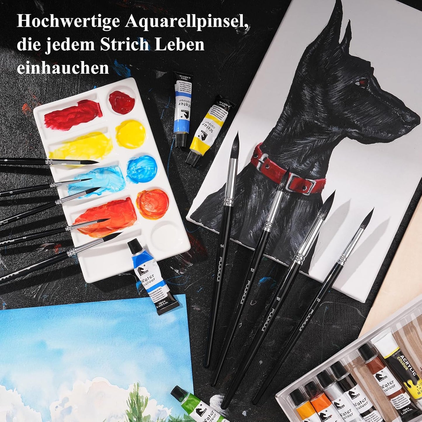 Fuumuui Watercolour Brush Set - 9 Pieces Premium Synthetic Squirrel Hair Round Brush Set for Watercolour, Tempera, Excellent Colour Carrying Capacity, Professional Artist Watercolour Brush