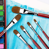 Fuumuui 6pcs Professional Red Sable Filbert Watercolor Brushes displayed on blue painted paper with a watercolor palette.