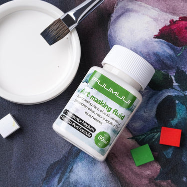 Fuumuui Masking Fluid 80ml watercolor medium with easy-to-peel formula, shown with a paintbrush dipped into the fluid in a dish.