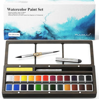 Fuumuui 24 Colors Watercolor Paint with Dual Tip Travel Watercolor Brushes and Wooden Palette