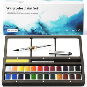 Fuumuui 24 Colors Watercolor Paint with Dual Tip Travel Watercolor Brushes and Wooden Palette