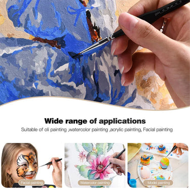 Fuumuui professioneller Nylonhaarpinsel, der präzise auf Leinwand malt und seine Vielseitigkeit für Gesichtskunst, Aquarellmalerei und Modelldetaillierung demonstriert.