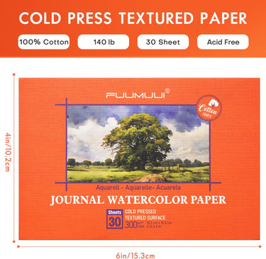 Journal de bloc aquarelle pressée à froid 100 % coton Fuumuui 4x6, papier texturé sans acide de 140 lb 30 feuilles