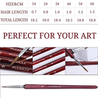 Fuumuui 6-teiliges professionelles Detailpinsel-Set mit dunkelroten Holzgriffen, feinen Spitzen und Größenangaben für Künstler.