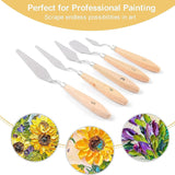 Fuumuui Art Supplies 5-piece palette knife painting set with stainless steel spatulas and wood handles for professional oil, canvas, acrylic color mixing, and textured art.