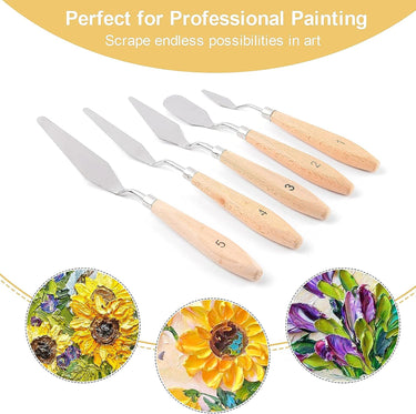 Fuumuui Art Supplies 5-piece palette knife painting set with stainless steel spatulas and wood handles for professional oil, canvas, acrylic color mixing, and textured art.