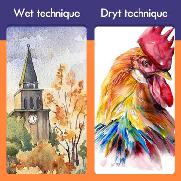 Fuumuui Watercolor Paint Set showing wet-on-wet technique with a soft autumn landscape of a church tower, and dry brush technique with a vibrant, detailed rooster, demonstrating 72 bright colors.