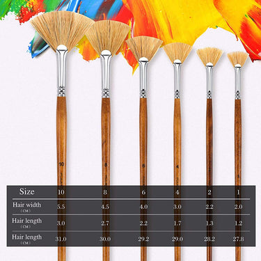 Fuumuui 6pcs Professional Bristle Fan Oil Brushes set with detailed size chart showing hair width, bristle length, and total brush length for each art brush in CM.