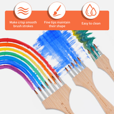 Pinceaux peignes ronds à pointe en nylon multi-têtes Fuumuui peignant des traits arc-en-ciel vibrants et bleus texturés. Idéal pour les effets spéciaux, l'aquarelle, l'acrylique et la gouache, ces fournitures d'art Fuumuui sont dotées de pointes fines qui conservent leur forme et sont faciles à nettoyer.