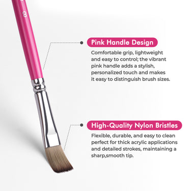 Pinceau de mélange acrylique professionnel Fuumuui & Samantha Anderson, taille 8, présentant son manche rose vif et ses poils en nylon durables et flexibles pour les applications de peinture épaisse.