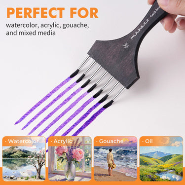 Pennello a pettine in nylon multi-testa Fuumuui che dimostra linee viola parallele per texture, effetti speciali in acquerello, acrilico, gouache e arte con tecniche miste.