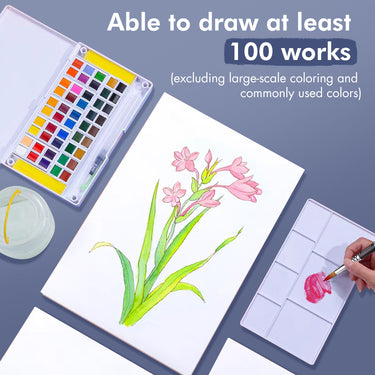 Set di colori ad acquerello Fuumuui da 48 colori aperto, che mostra vivaci pigmenti utilizzati per dipingere un fiore ad acquerello dettagliato, con una tavolozza di miscelazione e un pennello, a dimostrazione della capacit¨¤ di molte opere d'arte.