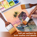 Fuumuui Vielseitiges Flachpinselset 4-teilig (20/30/40/50mm) mit hochwertigen synthetischen Borsten und Holzgriffen, gezeigt mit Aquarellmalerei und Palette, perfekt für Waschungen und Details im Kunstbedarf.