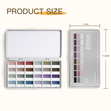Fuumuui 24-Color Opaque Semi-Solid Watercolor Paint Set with muted colors, shown open and closed with precise product dimensions for Fuumuui Art Supplies.
