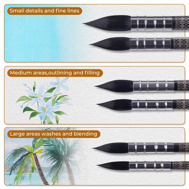 Ensemble de 6 pinceaux aquarelle professionnels Fuumuui avec corps imprimés, démontrant la polyvalence pour les détails fins, les contours, les remplissages, les lavis et le mélange dans tous les projets artistiques.