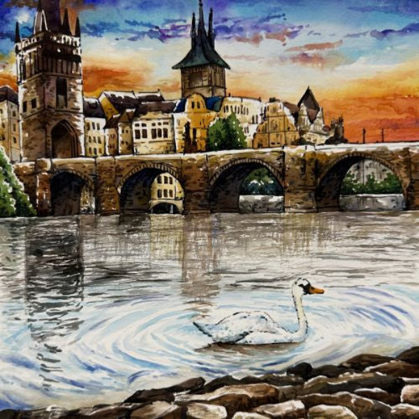 Vibrant cityscape watercolor painting of a bridge and swan, demonstrating fine strokes from a miniature paint brush and high pigment watercolor paint on 140lb 100% cotton cold press watercolor paper.