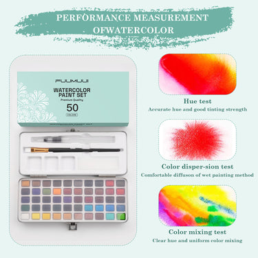 Set di acquerelli portatile a 50 colori Fuumuui con pennelli e spugne, che dimostra prestazioni premium in accuratezza della tonalit¨¤, dispersione e miscelazione dei colori per un'arte versatile.