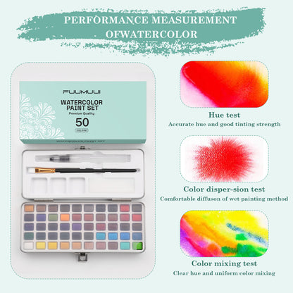 Fuumuui 50-color portable watercolor set with brushes and sponges, versatile, paint anytime, anywhere
