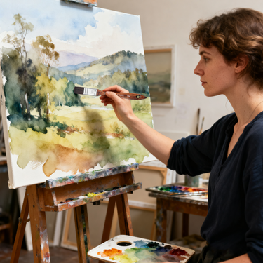 Künstler malt eine Aquarelllandschaft mit einem Fuumuui 30mm Flachpinsel aus Tierhaar mit Holzgriff, Teil des Fuumuui 4-teiligen Pinselsets mit flachen Pinseln aus Tierhaar (20/30/40/50mm), ein Muss für Fuumuui Künstlerbedarf.