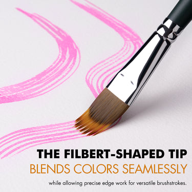 Pennello grainer filbert sintetico Fuumuui che dipinge tratti rosa, evidenziando la sua sfumatura senza cuciture e il lavoro di bordatura preciso per l'arte ad acquerello e acrilico.
