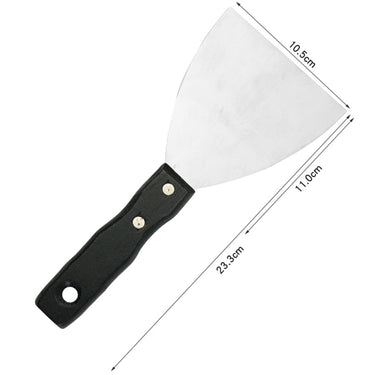 Spatola Fuumuui in acciaio inossidabile con manico in legno, che mostra le dimensioni. Spatola ideale per colori a olio e materiali artistici acrilici.