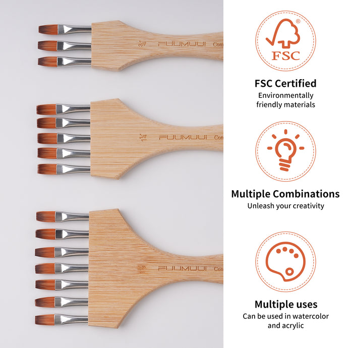 Fuumuui Multi-Head Nylon Hair Flat Head Comb Brushes with bamboo handles, ideal for special effects, creative textures in watercolor, acrylic, and gouache painting.