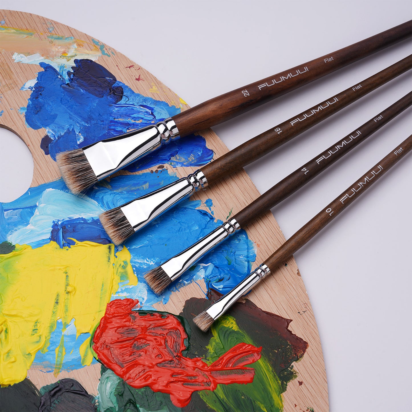 FUUMUUI 4pcs Badger Hair Flat Brush Set | Brown Wooden Handle for Acrylic & Oil Painting