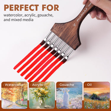 Fuumuui Multi-Head Nylon Comb Brush creating distinct red texture lines, ideal for special effects in watercolor, acrylic, gouache, oil, and mixed media art supplies.