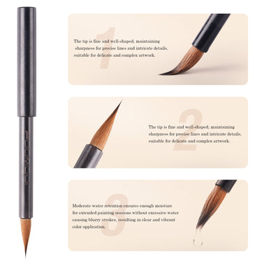 Fuumuui tragbarer zweiteiliger Kalligraphie-Pinsel mit Wieselhaaren für unterwegs, der seine feine, scharfe Spitze für präzise Linien und komplizierte Details hervorhebt, sowie eine moderate Wasseraufnahme für klare, lebendige Farbanwendung.