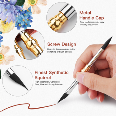 Fuumuui Art Supplies small dual-tip silver travel watercolor brush, highlighting premium synthetic squirrel hair, screw design, and metal handle cap, as an artist draws.