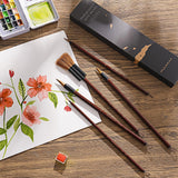 Fuumuui Art Supplies professional 5Pcs synthetic goat mixed hair water color paint brush set, featuring flat, round, and detail brushes, displayed with a watercolor painting of flowers and a paint palette.