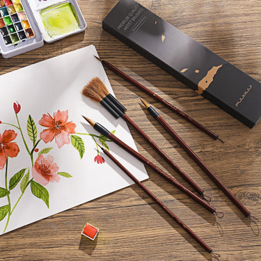 Fuumuui Art Supplies professional 5Pcs synthetic goat mixed hair water color paint brush set, featuring flat, round, and detail brushes, displayed with a watercolor painting of flowers and a paint palette.