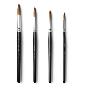Fuumuui Ultimate Kolinsky paint brushes in individual sizes 12, 10, 8, and 6, featuring black handles and silver ferrules, designed for precision, snap, and control.